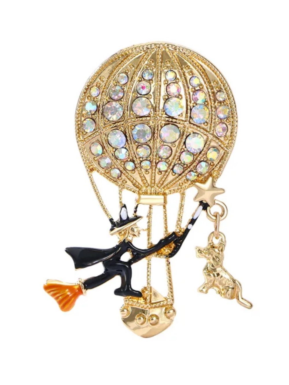 NWT This Witch and her dog on a Gold Hot Air Balloon Pin Brooch with Rhinestones